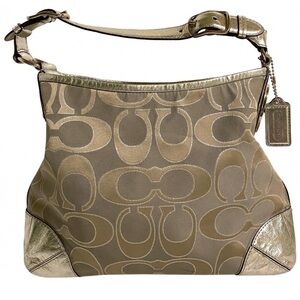 Coach CC signature print metallic gray leather shoulder handbag
